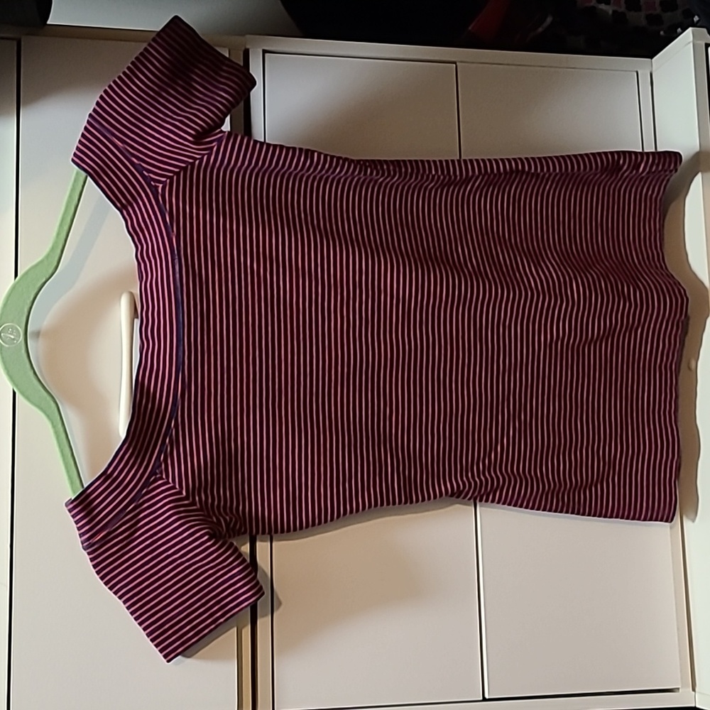 Red and dark navy stripe J crew off shoulder tee